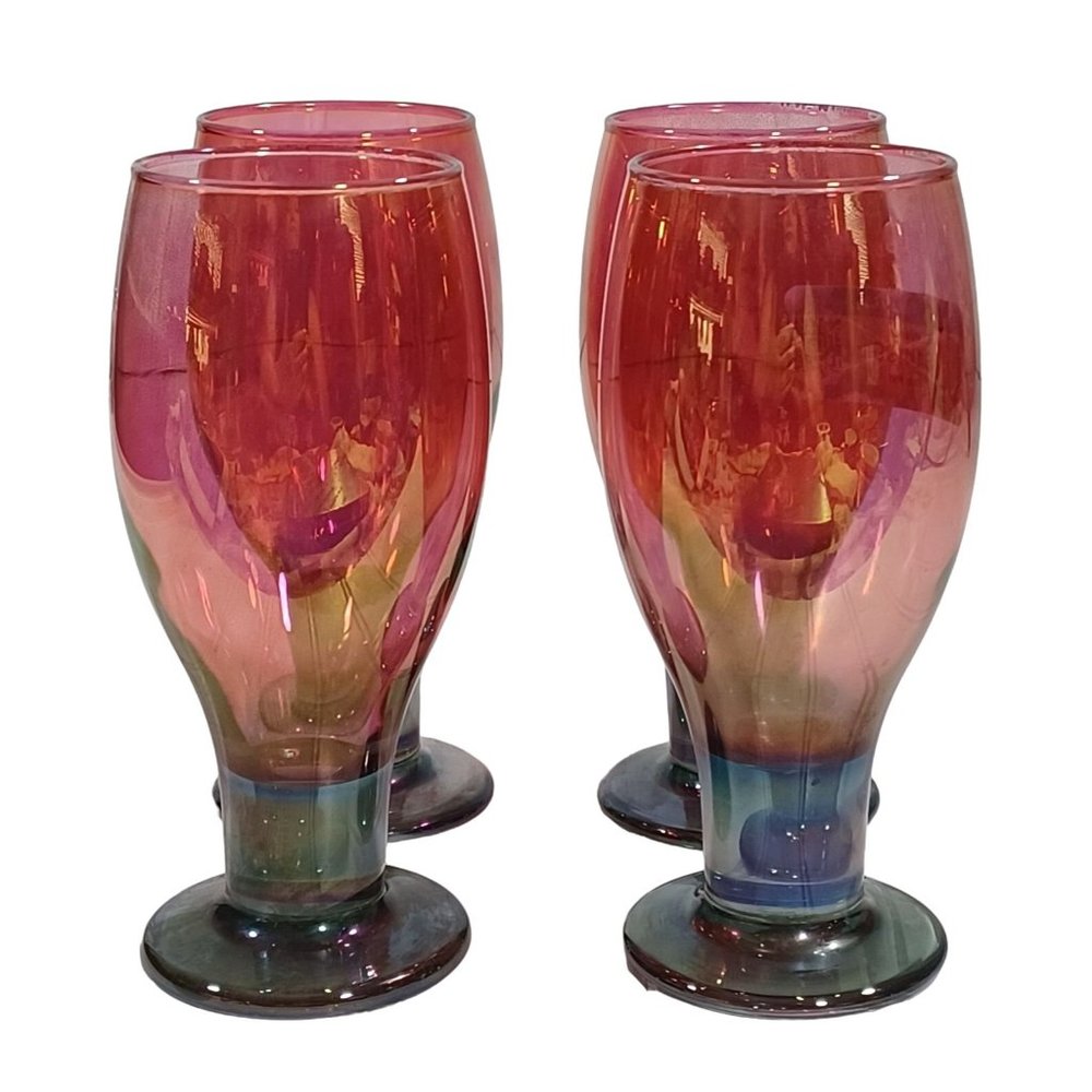 RARE Mid Century 1960s LIBBEY WATERMELON PINK GREEN WATER WINE GLASSES GOBLETS - Picture 2 of 5